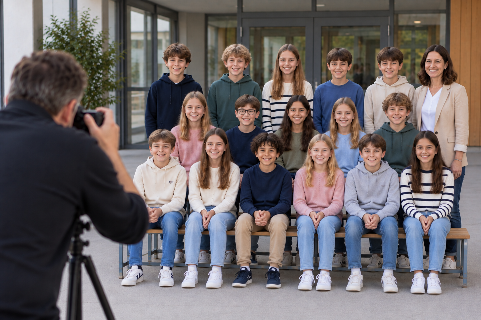 Schulklasse wird für ein Klassenfoto aufgestellt
