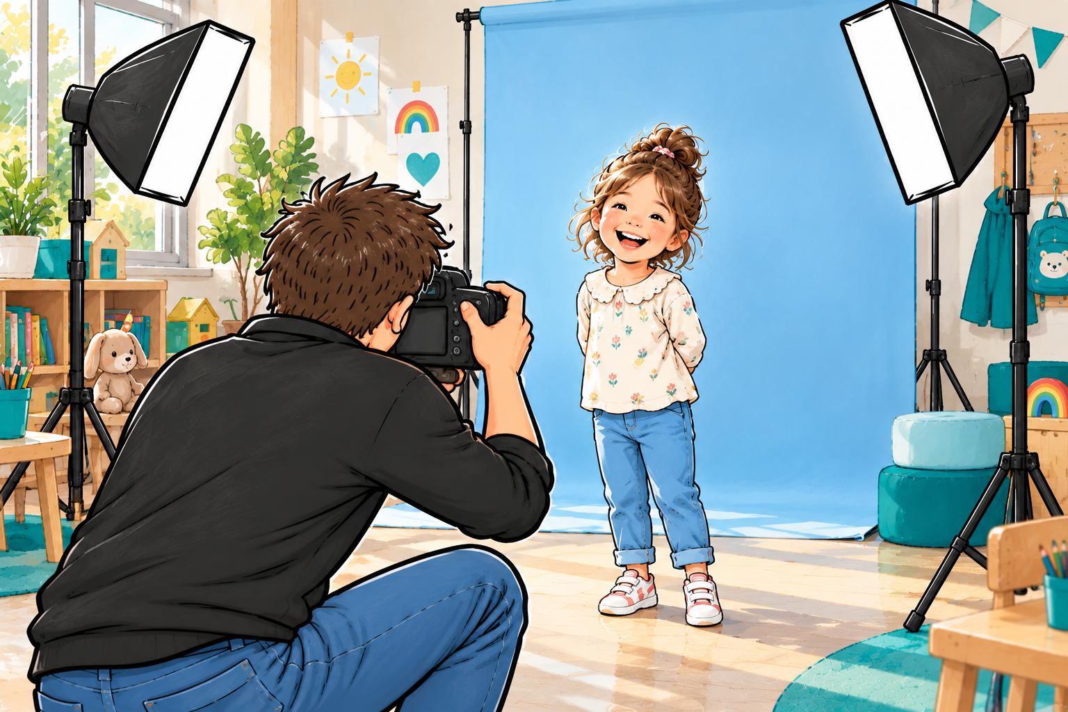 Kindergartenfotografie mit einem Kind vor hellblauem Hintergrund